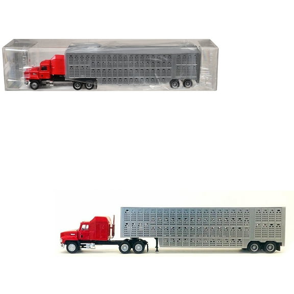 Mack CH 613 with Sleeper Cab Red with Silver Livestock Trailer 1/87 (HO) Plastic Model Car by Promotex