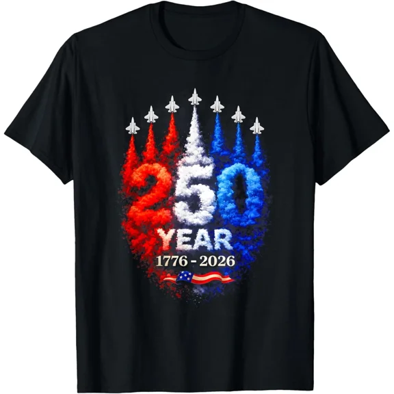 USA 250th Anniversary T-Shirt 1776-2026 Patriotic Fighter Jet Graphic Tee America Semiquincentennial Celebration Red White Blue Commemorative Apparel Unisex Short Sleeve T-Shirt