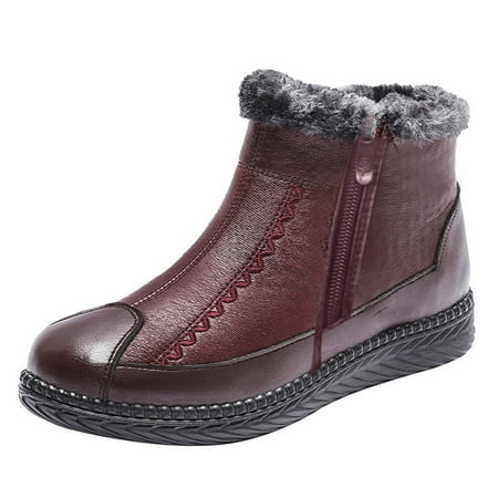 Sexlip Women s Leather Fleece Warm Flat Ankle Cotton Shoes Winter Front Zipper Anti-Slip Waterproof Soft Sole Shoes Red 35