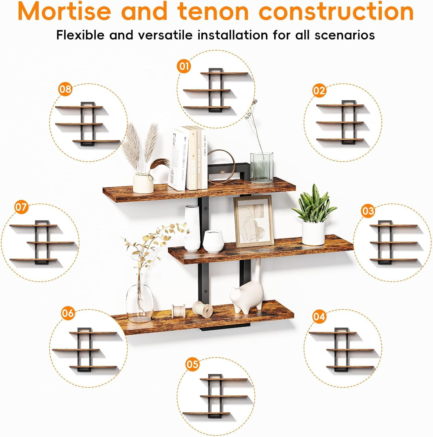 Floating Shelves for Wall, Wood Wall Shelves for Bathroom, 3 Tier Shelves for Wall Decor, Decorative Hanging Storage Shelf for Bedroom Kitchen Living Room, Rustic Brown and Black