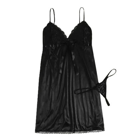 

DNDKILG Womens Teddy Full Slip Sleepwear Satin Nightgown Chemise Sexy Spaghetti Strap Babydoll Black M