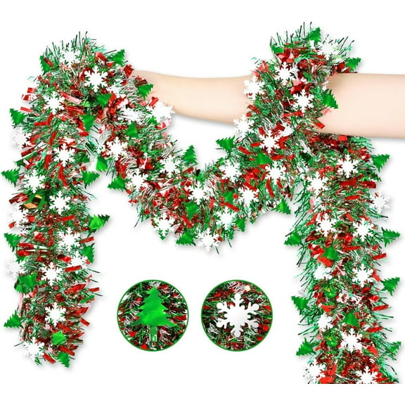 Vorkoi 33 FT Christmas Tinsel Garland with Snowflake Christmas Tree, Shiny Metallic Twist Garland Christmas Garland for Home Tree Mantle Indoor Outdoor Holiday Christmas Party Decor