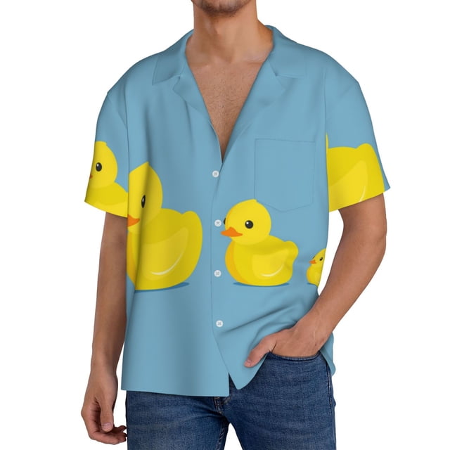 Balery Cute Ducky Camisa Casual de Manga Corta con Botones para Hombre, Texturizada, Estilo Cubano, para Playa, Verano-XX-Large