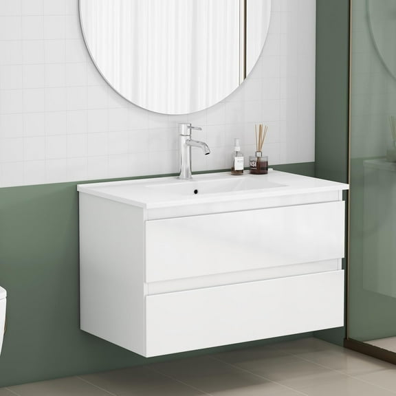 Villachico 31.5″ Bathroom Vanity Cabinet with Ceramic Sink Combo, 2 Drawers with Soft-close Runners, Modern Design, High Glossy White Painted Finish