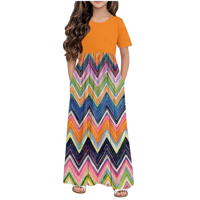 Robe Décontractée pour Filles avec Poches, Manches Courtes, Col Rond, Tissu en Polyester, Couleur Orange, Taille 120 cm