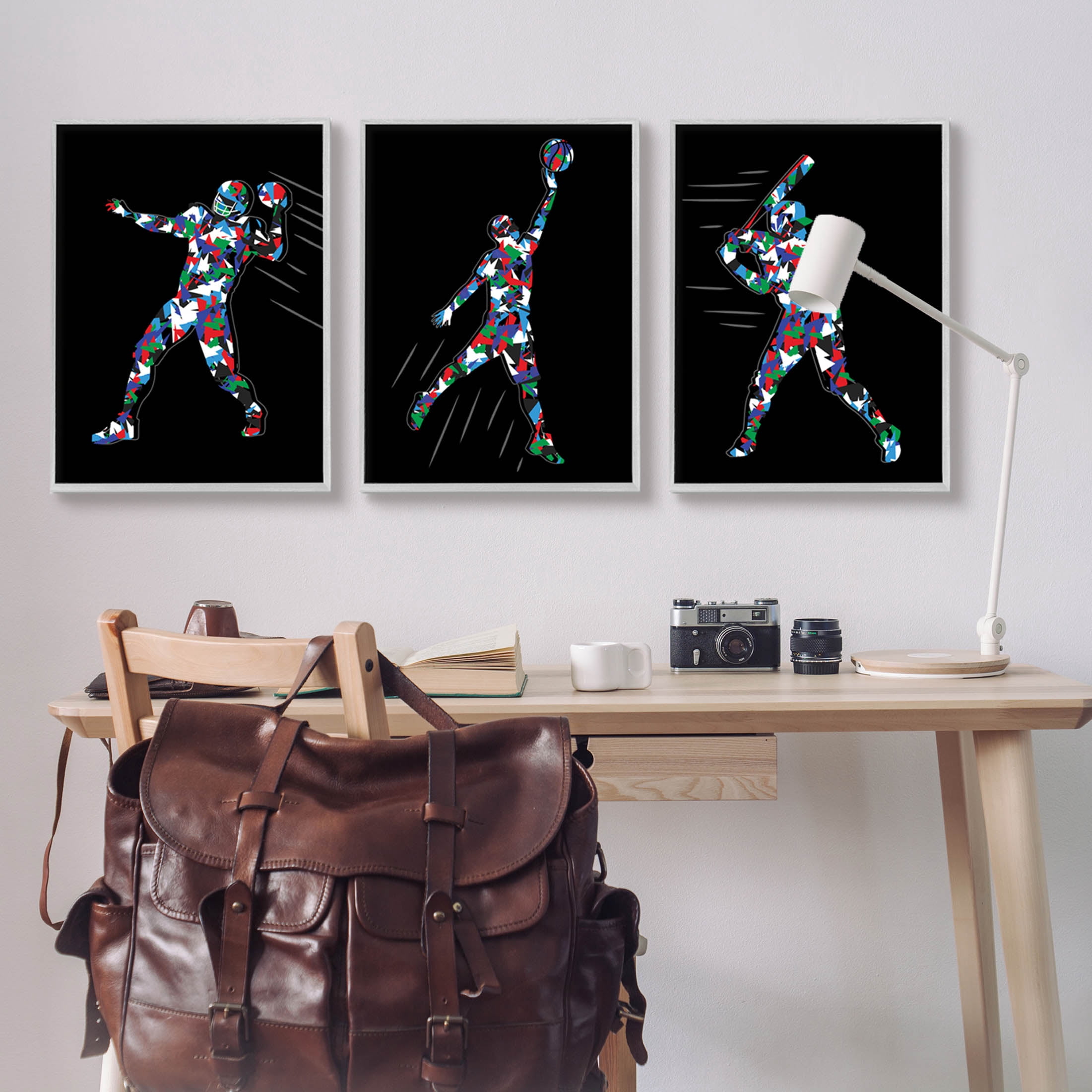 Stupell Industries Geometric Pattern Sports Players Graphic Art Gray Framed Art Print Wall Art, Set of 3, Design by Arrolynn Weiderhold