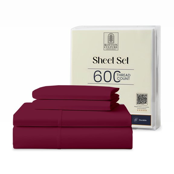 Kotton Culture Bed Sheets 4 Piece 100% Egyptian Cotton 600 TC Soft Crisp Cooling Cotton Luxury Hotel Sheets with 16" Inch Deep Pocket Snug Fit Sateen Weave(Burgundy,Full XL)