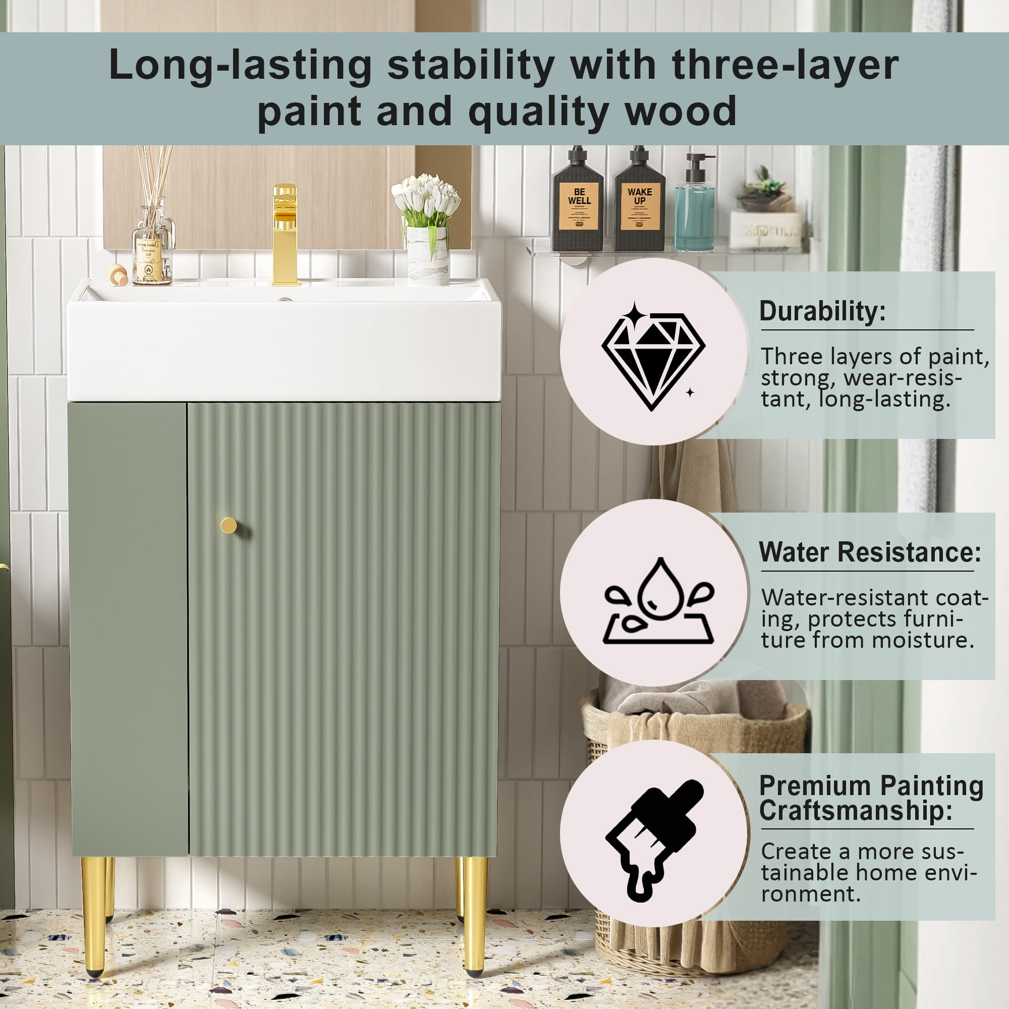 Euroco 21.6" Green Bathroom vanity, Combo Cabinet, Bathroom Storage Cabinet, Single Ceramic Sink, Left side storage