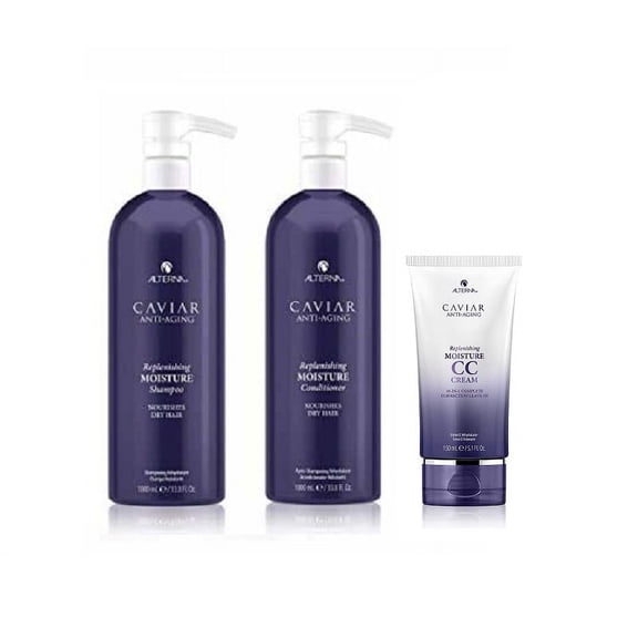 Alterna Caviar Anti-Aging Replenishing Moisture Shampoo 33.8 and Conditioner 33.8 oz and Replenishing Moisture CC Cream 5.1 Oz Regimen Jumbo Set