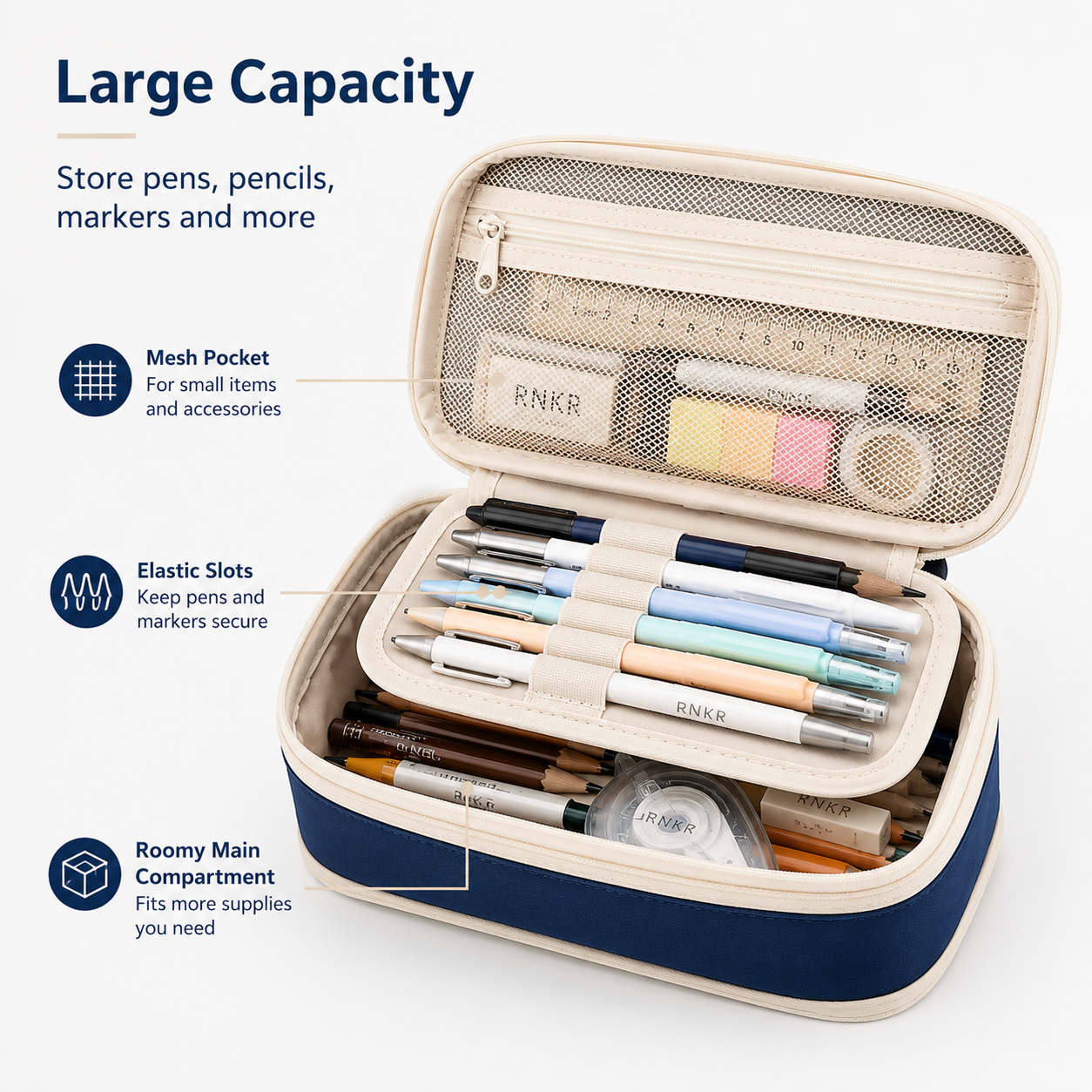 RNKR Large Capacity Pencil Case, Navy Blue, Dual Compartment photo 7
