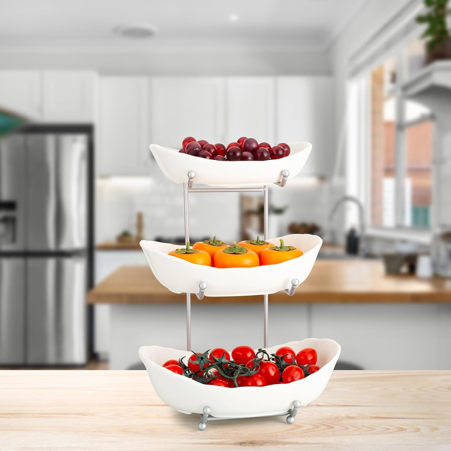 Fruit Bowl for Kitchen Counter, 3 Tier Ceramic Fruit Bowl, Tiered Fruit Basket for Countertop, Modern Multi Layer Fruit Display Stand for Party