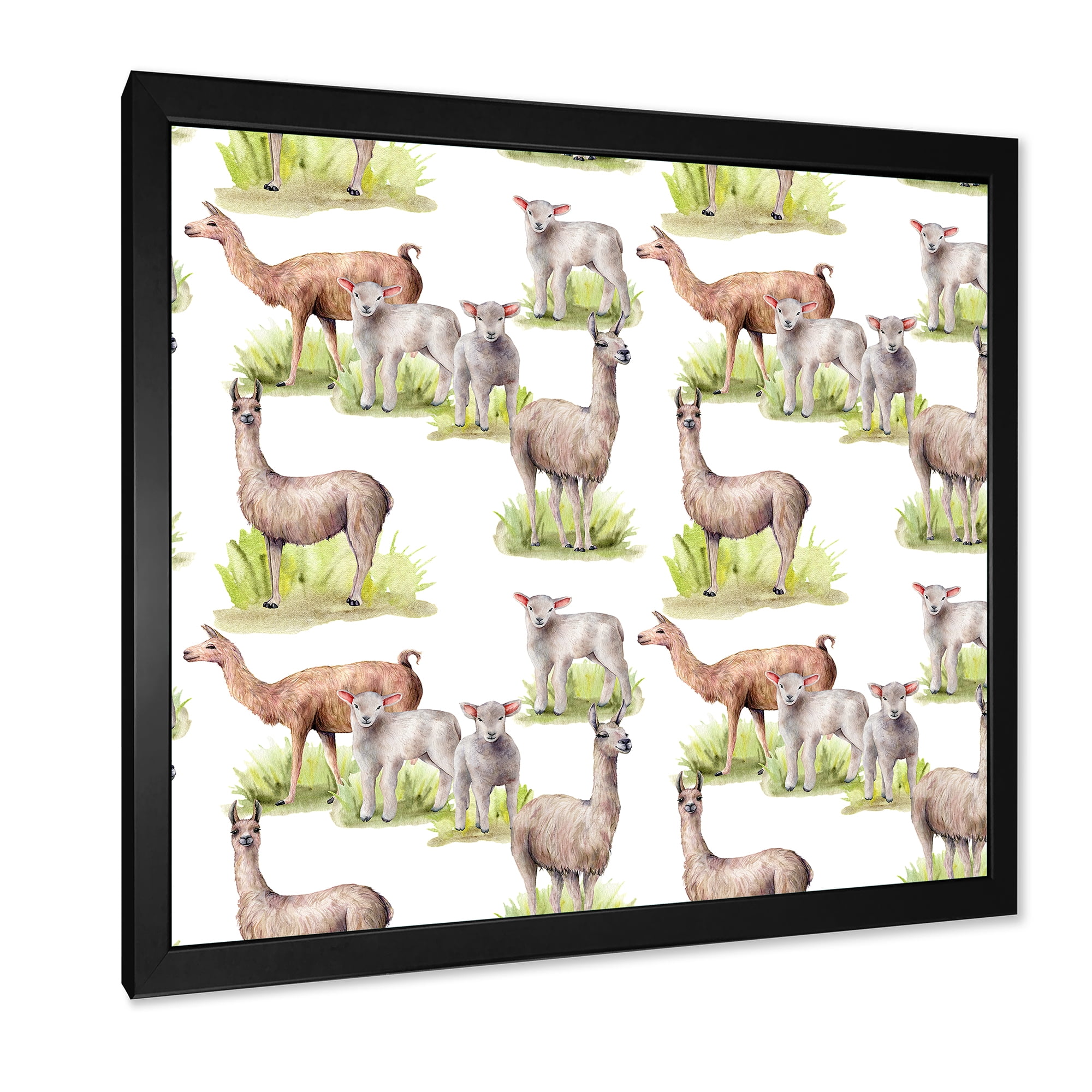 Designart 'Lambs and Lamas On A Green Meadow' Farmhouse Framed Art Print