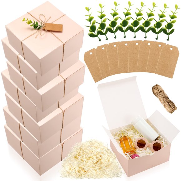 Juego de cajas de regalo Critiin de papel rosa con etiquetas y decoración, 20 x 20 x 10 cm