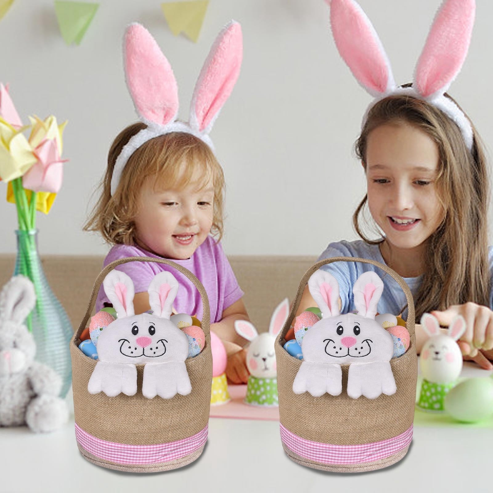 Lunxisen 1 Pcs Easter Bunny Basket Decorated Bunny Gift Basket for Easter Spring Holiday Party Home Decoration