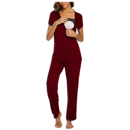

MIARHB women shirts tru in Clothing Women Maternity Short Sleeve Nursing T-shirt Tops+Striped Pants Pajamas Set Suit Wine/M