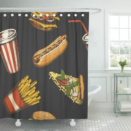 PKNMT American Vintage Fast Food with Burger Soda French Fries Hot Dog and Pizza Black Shower Curtain Bath Curtain 66x72
