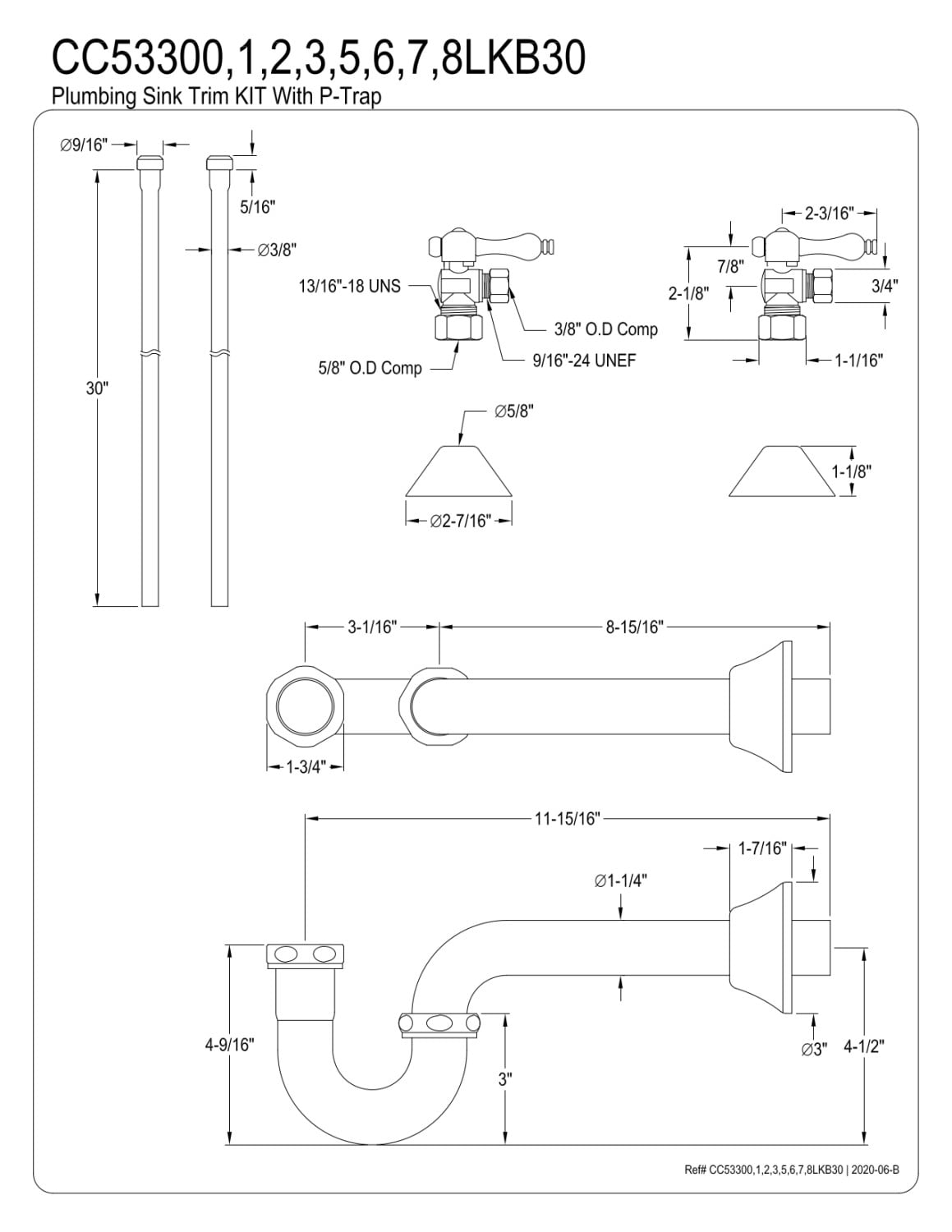 Kingston Brass CC53307LKB30 Standard Mount Traditional Plumbing Sink Trim Kit with P-Trap, Brushed Brass