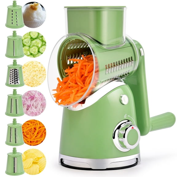 Pukomc Rotary Cheese Grater, 6 Blades, Suction Base, Easy Clean, Storage Case, for Veg/Fruits/Nuts
