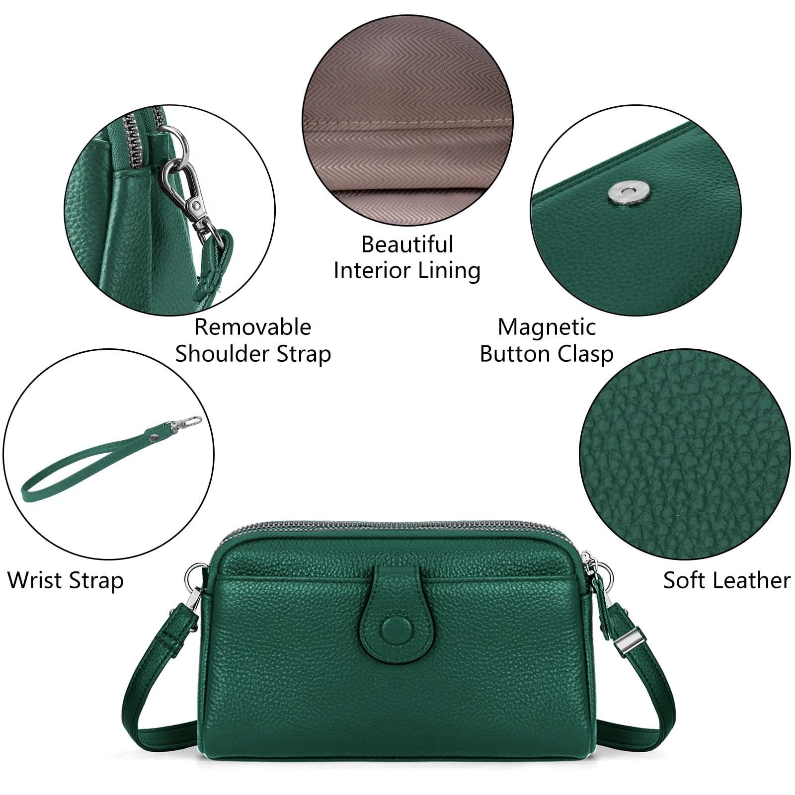 KAWELL Genuine Leather Wristlet Clutch Wallet Purses Small Crossbody Bags Shoulder Handbag for Women, Silver Zipper