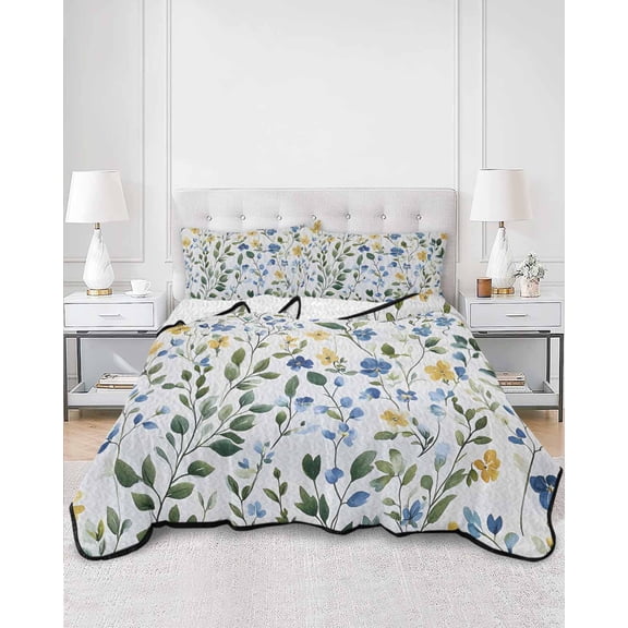 Quilts Queen Size, Blue Yellow Floral Spring Soft Comforter Bedding Set for Bed, Summer Pastoral Botanical Green Lightweight Quilted Bedspread with Pillow Cover(2 Pieces) for All Season, 90x96 Inch