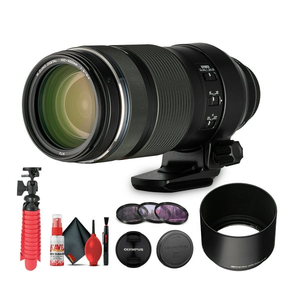 Olympus M.Zuiko Digital ED 100-400mm f/5-6.3 IS Lens (V315070BU000) Bundle Including: 3 Piece Filter Kit, Flexible Tripod, Cap Keeper, Full Cleaning Kit