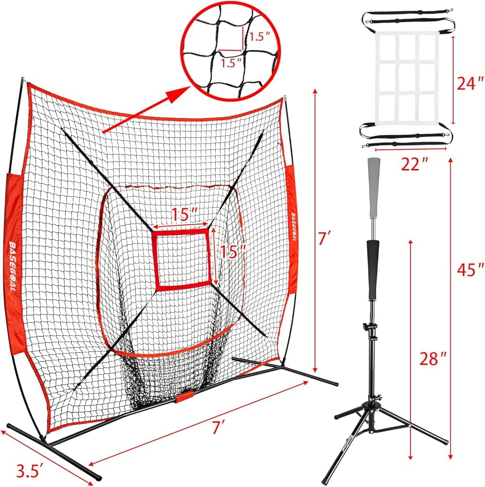 7'×7' Baseball Backstop Net Set, Baseball Softball Practice Net with Batting Tee, for Hitting Pitching Batting Catching with Bow Frame, Bonus Strike Zone
