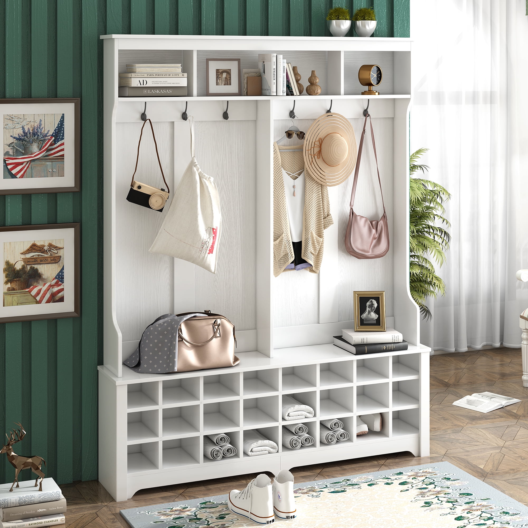 MAYEERTY Modern Hallway Coat Rack with Ample Storage Space: 60" Bench, 24 Shoe Cubbies, Metal Hooks, White
