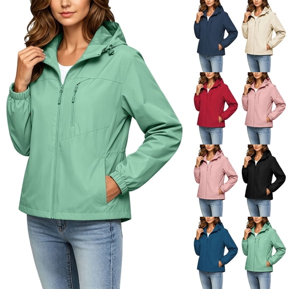 Jsaierl Women's Hooded Zip Up Windproof Jacket with Chest Pocket Lightweight Windbreaker for Travel Hiking Outdoor