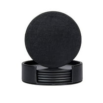 7 Pcs PU Leather Coasters with Holder Set Round Heat Insulation Cup Mat Drink Coasters for Home and Kitchen (Black)