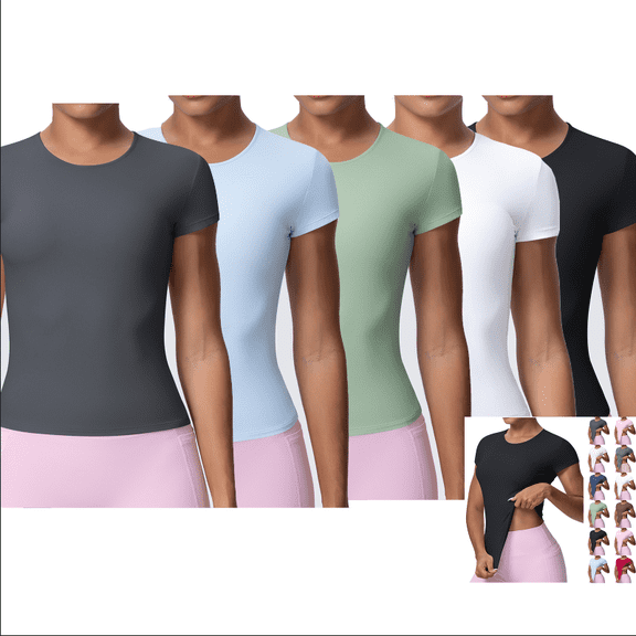 Fancifize 5 Pack Short Sleeve Yoga Tshirts for Women Crewneck Breathable Basic Workout Tees Casual Cozy Slim Tops