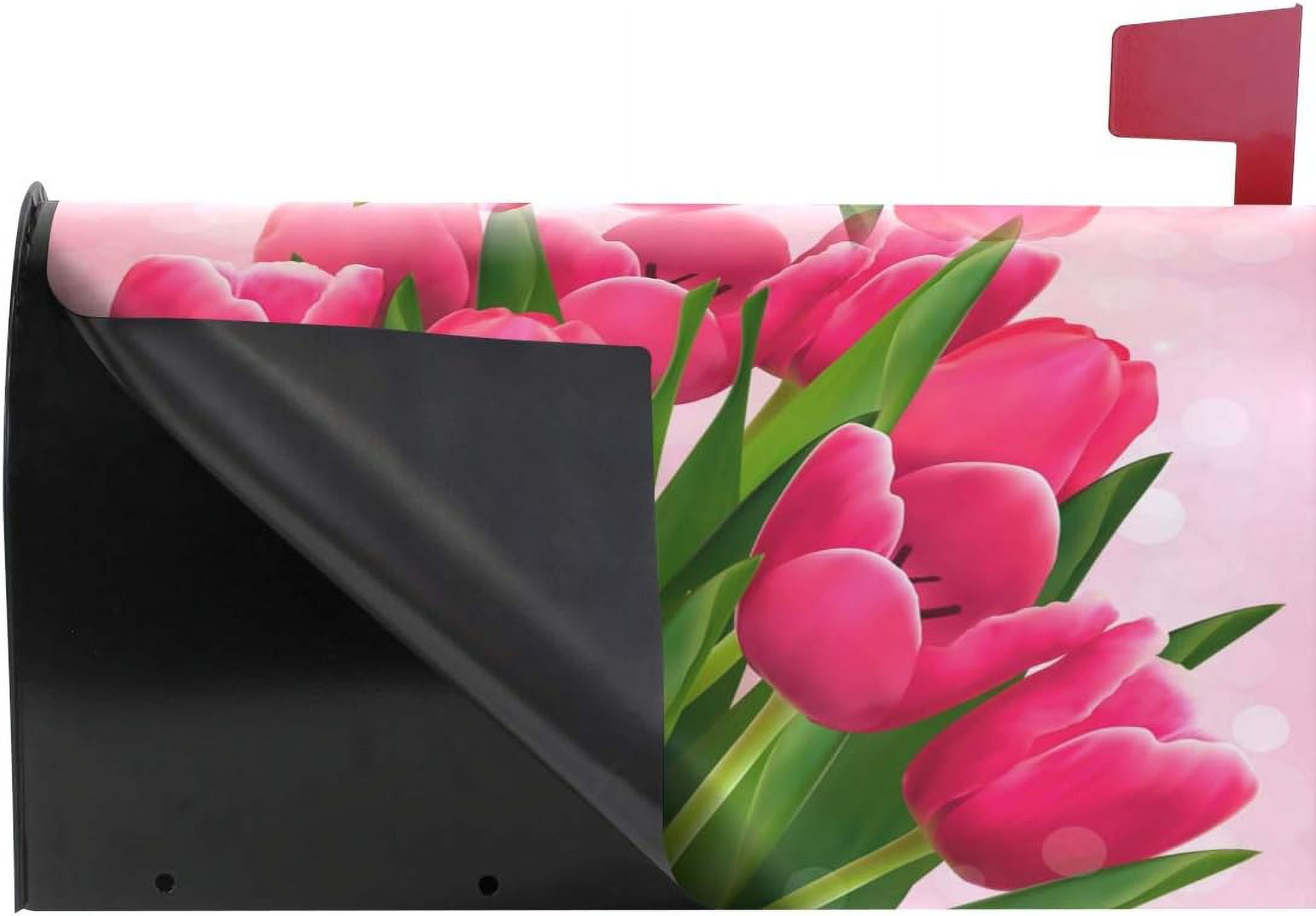 Mother''s Day Magnetic Mailbox Cover Pink Tulips Mailbox Wrap Home Decorative for Standard Mailboxes
