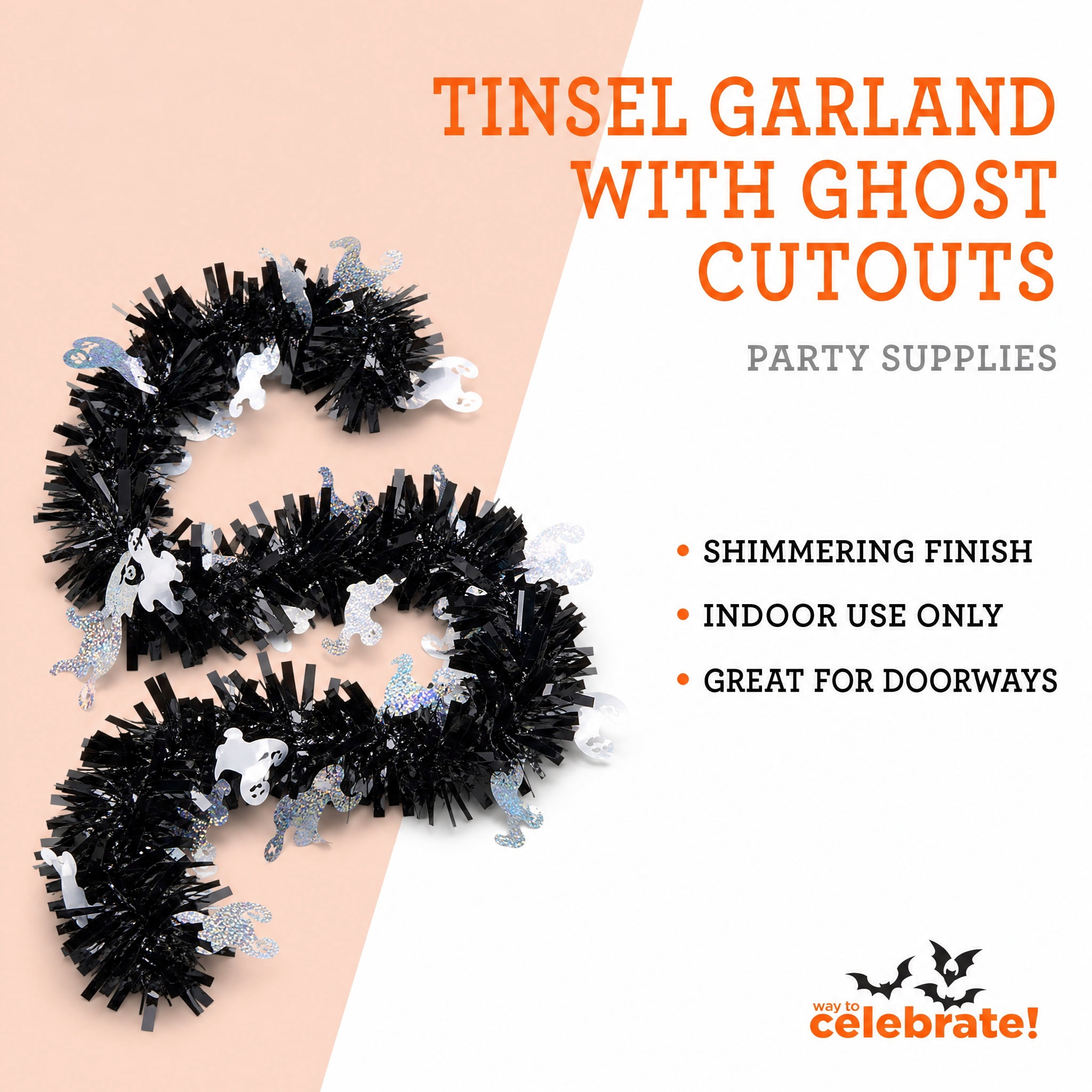 Tinsel Garland with Ghost Cut-Outs, Silver and Black, 12', Halloween by Way To Celebrate