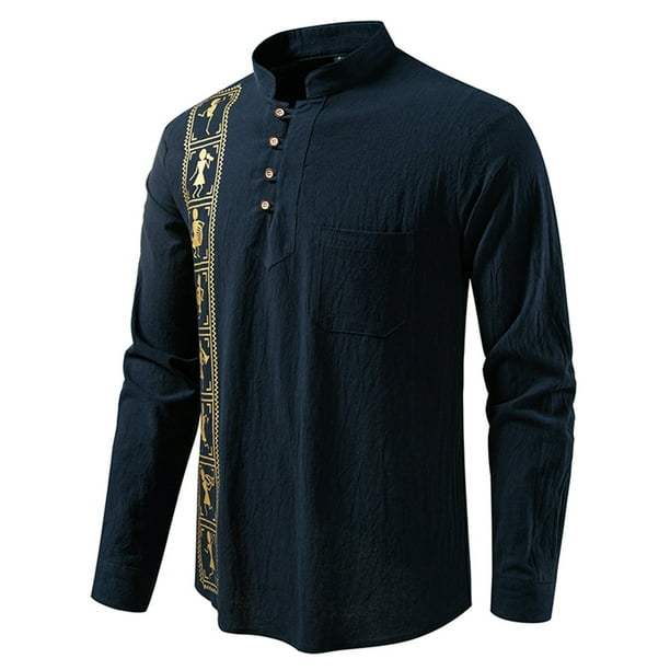 Blusa y camisa de manga larga con cuello alto para hombre, informal, a la moda, con botones estampados, de poliéster