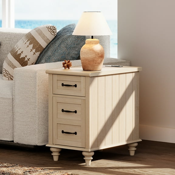 Beige Nightstand with Charging Station, Wooden Nightstand with Power Outlets & USB Ports for Bedroom or Living Room