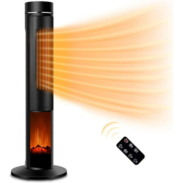 Nordic Hygge Ceramic Tower Space Heater, 3D Realistic Flame, Oscillating and Remote Control