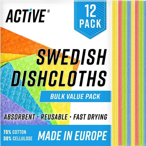 Paquete de 12 Paños de Cocina Suecos ACTIVE, Esponjas de Celulosa Lavables, Paños Reutilizables Absorbentes Multicolor