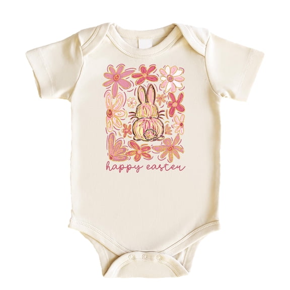 Happy Easter Floral Bodysuit for Baby Girls Spring Holiday Flowers and Bunnies Boho Toddler One-Piece Natural Bodysuit 18 Months