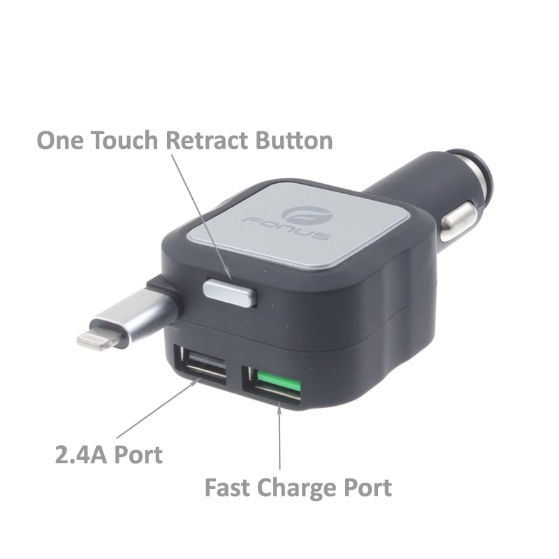 Car Charger Retractable for iPhone SE (2020)/SE (2022) - 4.8Amp 2-Port USB Fast Charge DC Power Adapter