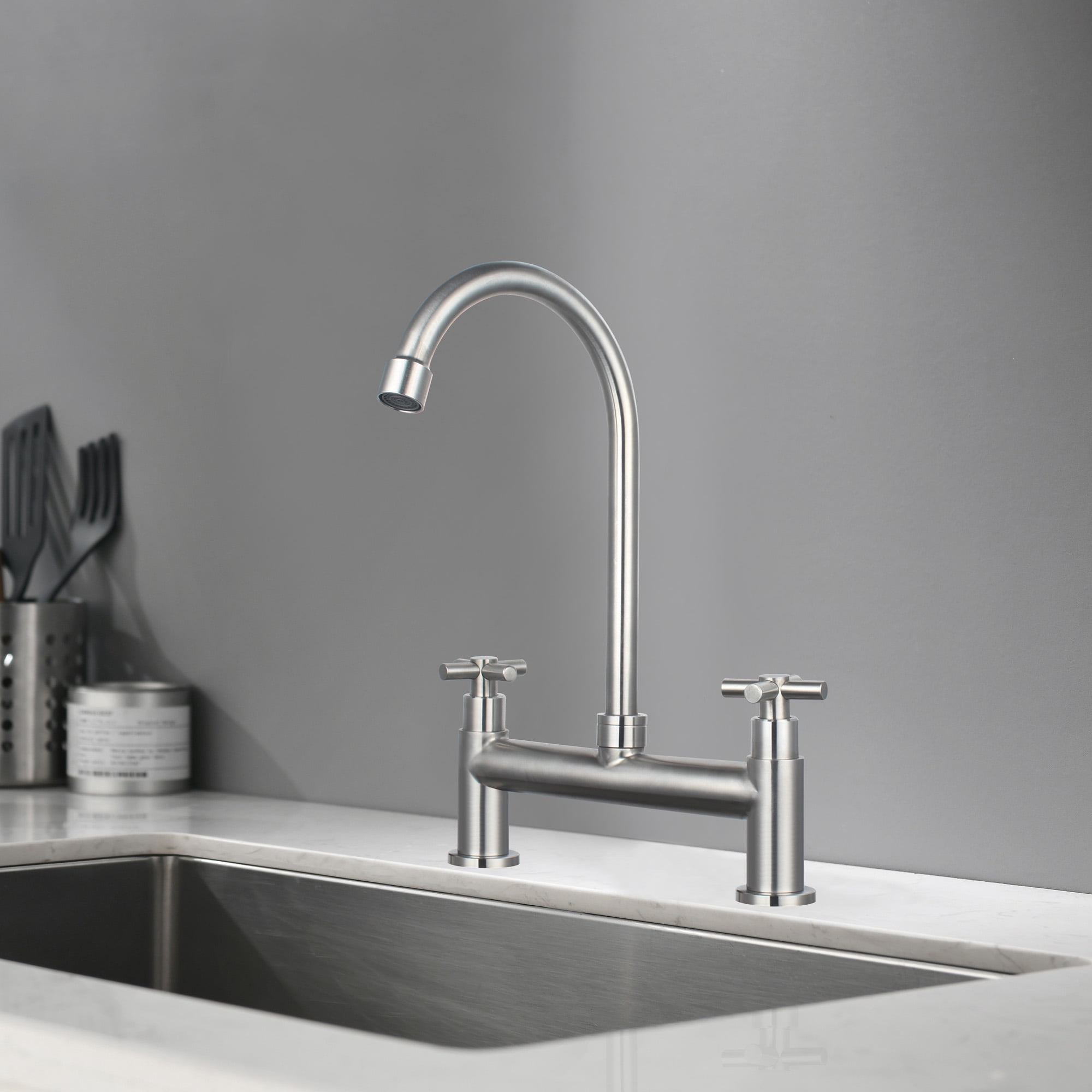 UMANYI Kitchen Faucet Deck Mount 8" Spread 2 Hole Double Handle Utility Sink Faucet Commercial Faucet 6" Swing Spout