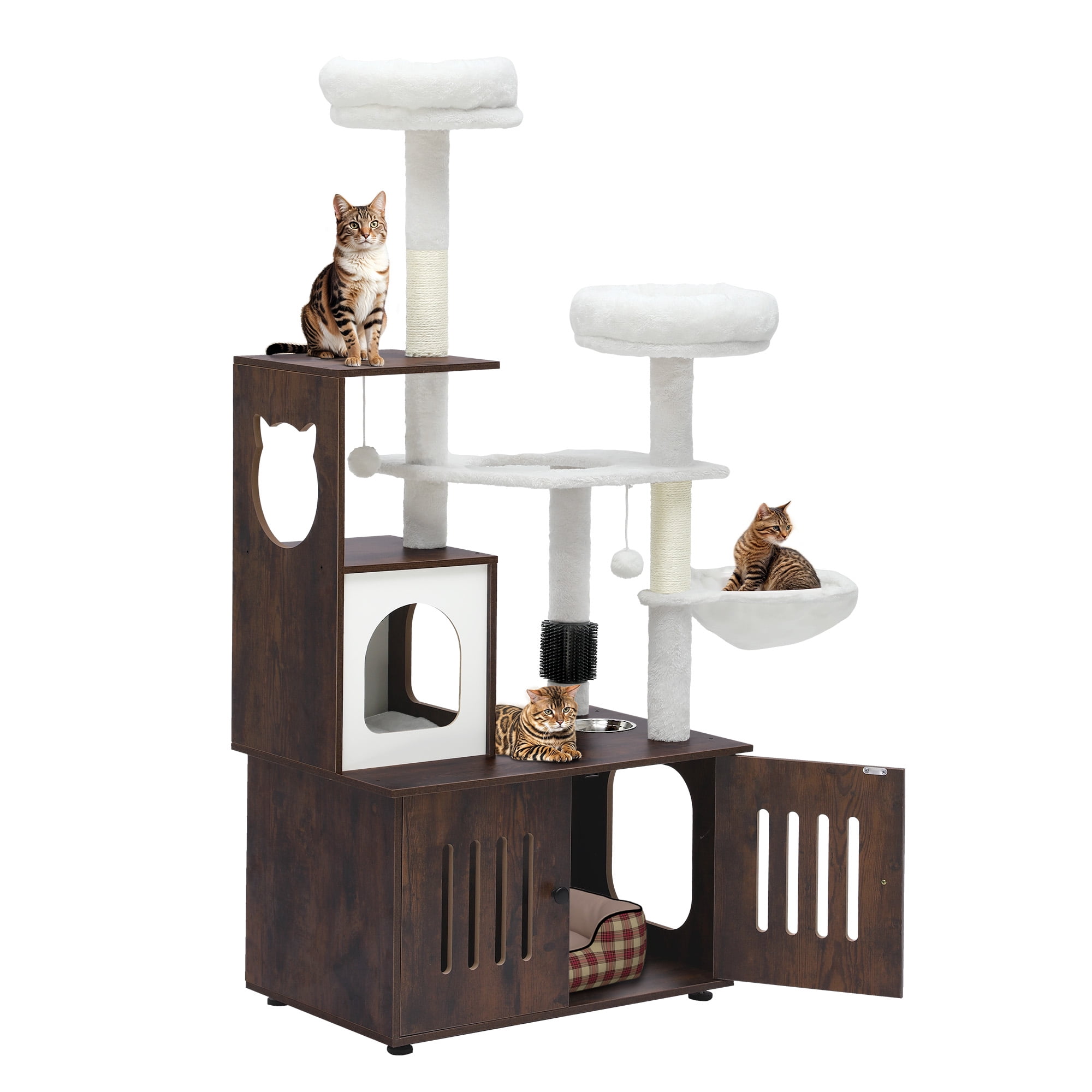 Uforic 2-in-1 Cat Tree with Litter Box Enclosure,59" Modern Cat Condo with Scratching Posts & Hammocks, Rustic Brown