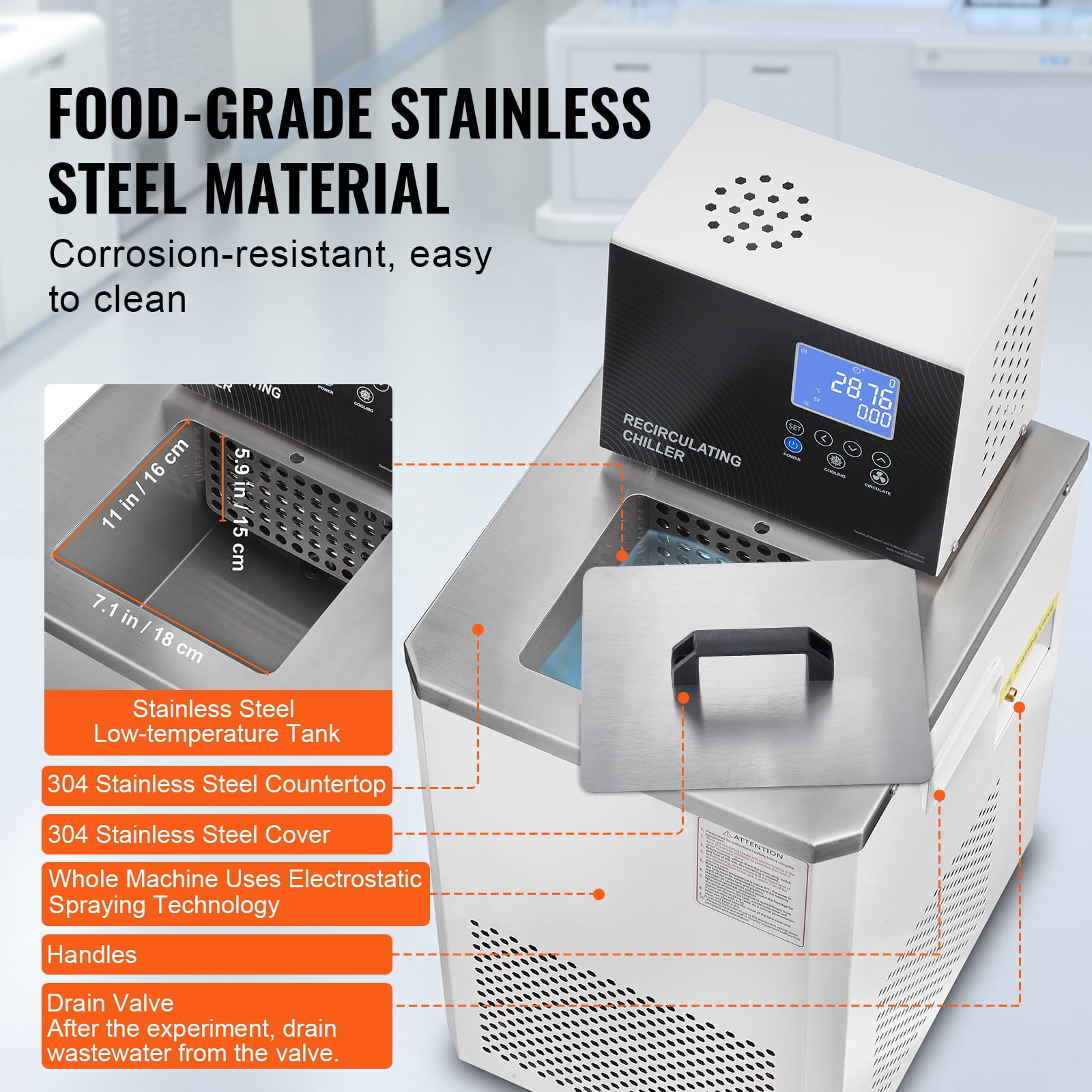KFFKFF Lab Cooling System, 6L Chiller with Reduced Temperature Liquid, Range from -4°F to 212°F, Chiller with Circulation Pump, LCD Screen, 304 Stainless Steel Recirculating Water Cooling System