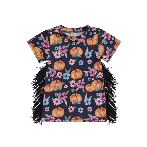 LMLYSoH Kids Girls Dress Halloween Clothes Flower Pumpkin Print Crew Neck Short Sleeve Dress Tassel Casual Princess Dress