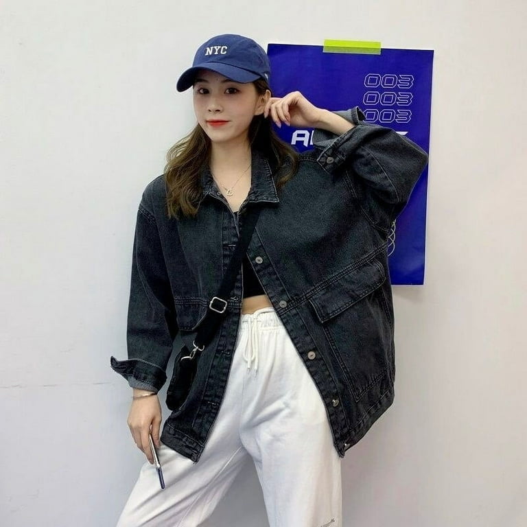 DanceeMangoo Women's Denim Jacket Korean Style Solid Lapel Long Sleeve  Casual Blue Jacket Outwear Autumn Winter Loose Jeans Coats Female 
