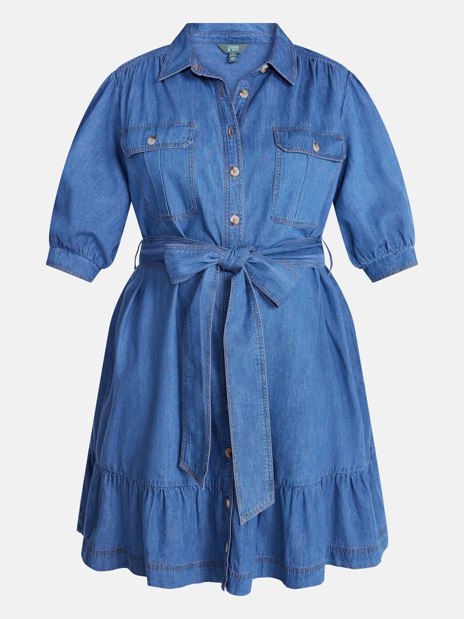 Terra & Sky Denim Belted Mini Shirtdress with Short Puff Sleeves, Sizes 0X-4X