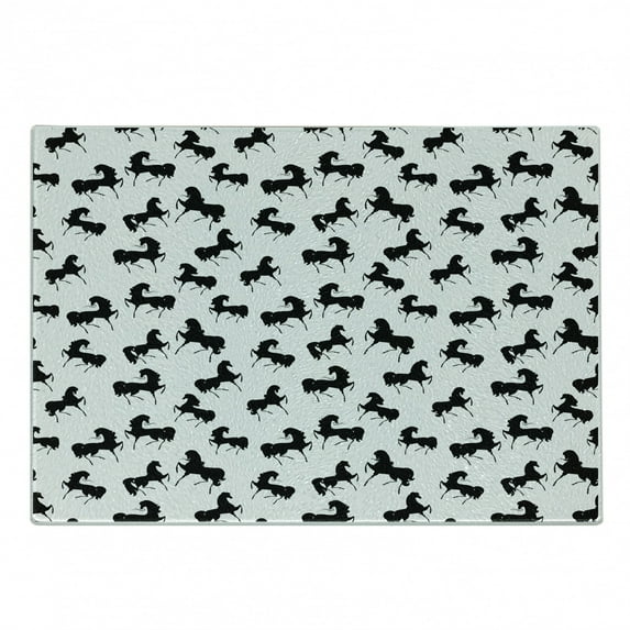 Horses Cutting Board, Farm Animal Silhouettes with Various Poses Galloping Trotting Cantering and Loping, Decorative Tempered Glass Cutting and Serving Board, Small Size, Black White, by Ambesonne