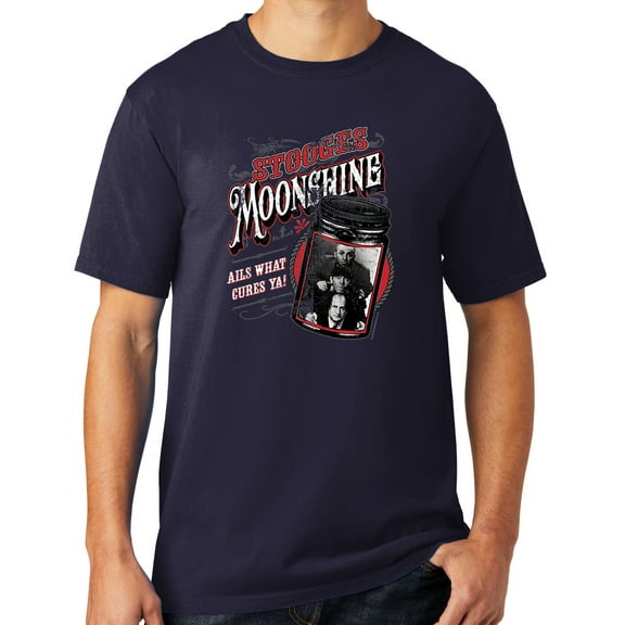 Mens Three 3 Stooges Moonshine Tee Shirt, Medium True Navy Blue