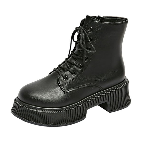 Black Ladies Round Toe Lace Up Boots With Low Heel For Everyday Comfort