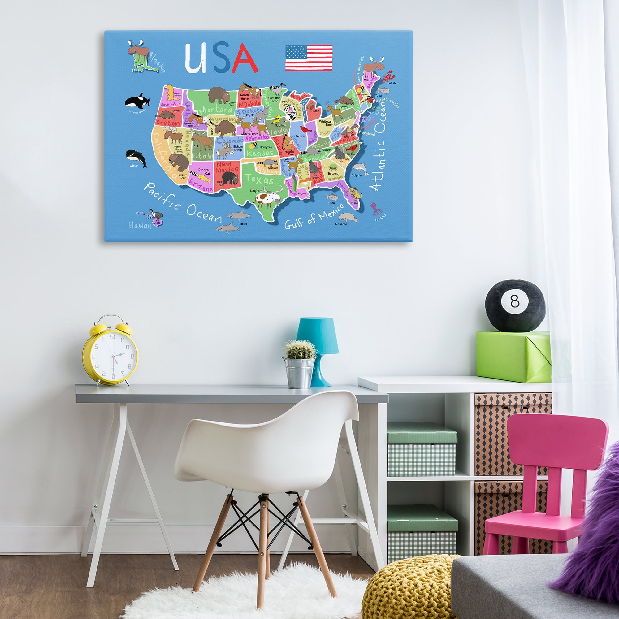 Stupell Industries United States Animal Map Town & City Painting Gallery Wrapped Canvas Art Print Wall Art, 45 x 30