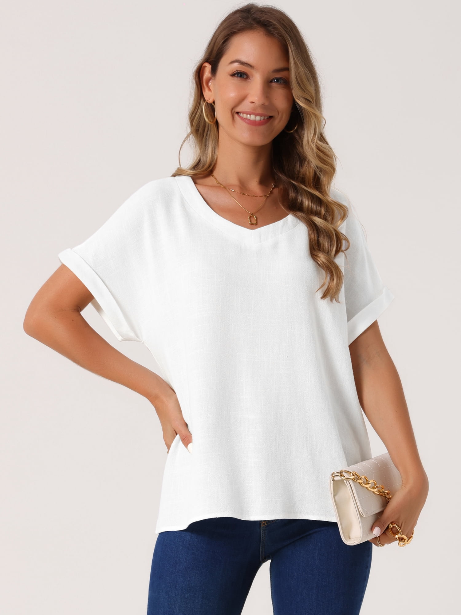 DARING DIVA Women's Linen Shirts Short Sleeve V Neck Blouse M White