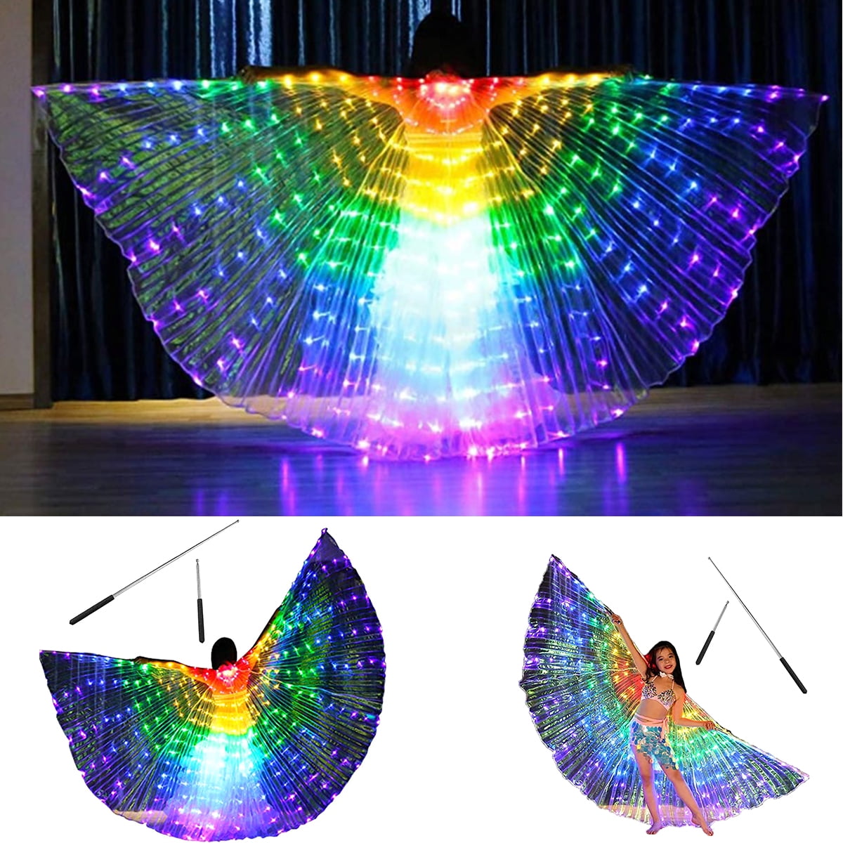 Belly Dance Costume Adults Multicolor LED Isis Wings with 2 Sticks 4 Colors 
